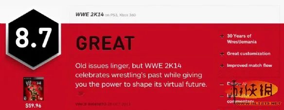 《WWE 2K14》IGN 8.7分 完美演绎摔角兴衰史!